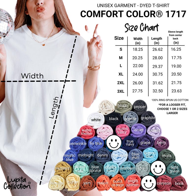 May include: White Comfort Colors 1717 unisex dyed t-shirt with a size chart. The chart shows measurements in inches for sizes S to 3XL. A color palette of available shirt colors is displayed below the chart.