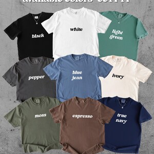 May include: A collection of short-sleeved t-shirts in various colors, including black, white, light green, pepper, blue jean, ivory, moss, espresso, and true navy. Each shirt displays its color name in a simple font. The text "available colors cc1717" is at the top.