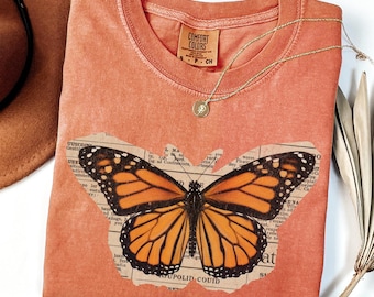 Monarch Butterfly Vintage Newspaper T-shirt • Comfort Colors® Cottagecore Tee • Y2K Butterfly Shirt • 100% Cotton Garment-dyed Unisex Tee