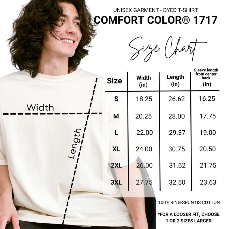 May include: A cream-colored unisex Comfort Colors dyed t-shirt. The image includes a size chart with measurements in inches for width, length, and sleeve length. The shirt is made of 100% ring-spun US cotton. The text on the shirt reads "UNISEX GARMENT - DYED T-SHIRT COMFORT COLOR&reg; 1717".