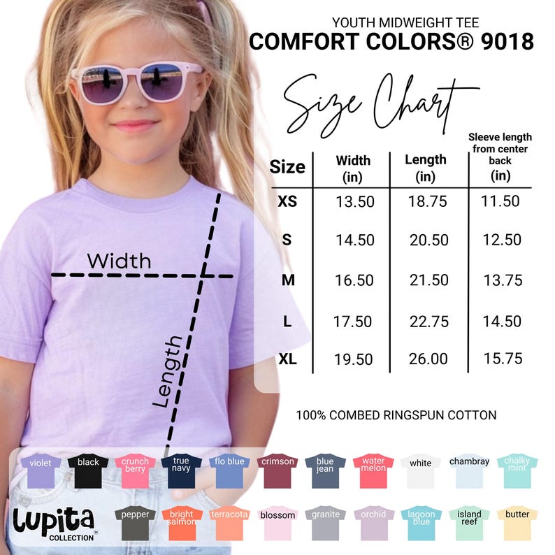 May include: A young person wearing a light purple Comfort Colors youth t-shirt. The image includes a size chart with measurements in inches and a color palette. The shirt is made of 100% combed ringspun cotton.