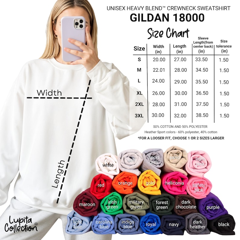 May include: White Gildan 18000 crewneck sweatshirt with a size chart and color options. The size chart shows measurements in inches for width, length, and sleeve length. Available colors include red, orange, and purple.
