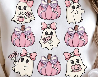 Pink Coquette Halloween PNG, Cute Ghost Bow PNG, Pink Pumpkin Halloween Shirt Design, Coquette Spooky Grid PNG, Commercial Use