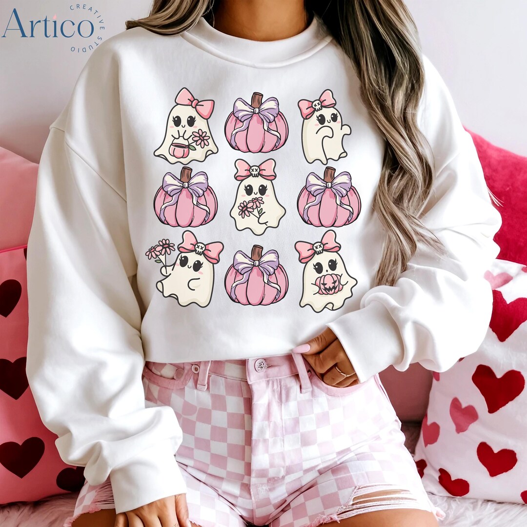 Cute Ghost With Pink Bow Halloween Png, Spooky Season Fall Pumpkins T ...