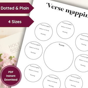 May include: Printable worksheet for verse mapping with a large circle in the center labeled "Verse" and eight smaller circles around it labeled "Word in English", "Hebrew or Greek", and "Meaning".