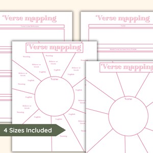 May include: Four printable "Verse Mapping" worksheets with different layouts. Each worksheet features a circle in the center with radiating lines for writing notes. The worksheets are designed for studying and analyzing scripture.