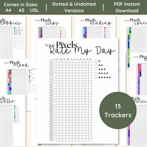 Op de afbeelding: Een set van 13 printbare pixel trackers voor bullet journaling. De trackers omvatten hobby's, stappen, lezen, uitgaven, stemming, water, angst en een maandelijkse 'Rate My Day'-tracker. De trackers zijn verkrijgbaar in de formaten A4, A5 en US Letter en in gestippelde en niet-gestippelde versies.