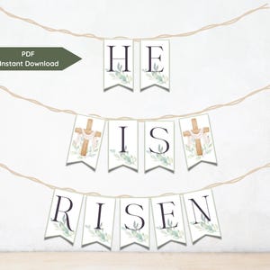 He Is Risen Easter Banner Christian Decor Printable Garland Celebration Banner for Church Jesus Holy Week Cross Banner