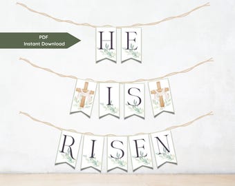 He Is Risen Easter Banner Christian Decor Printable Garland Celebration Banner for Church Jesus Holy Week Cross Banner