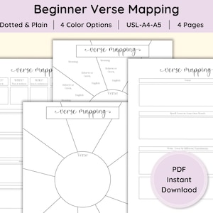 May include: Printable verse mapping worksheets for Bible study. The worksheets feature a variety of layouts, including a circle with sections for different aspects of a verse, a grid for who, what, when, and where, and a blank space for writing notes. The text "verse mapping" appears on each worksheet.