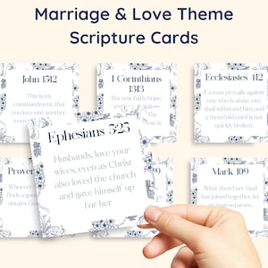 May include: A collection of scripture cards with a marriage and love theme. Each card features a Bible verse and floral border. One card is held by a hand, displaying Ephesians 5:25. The cards are white with blue text and floral designs.