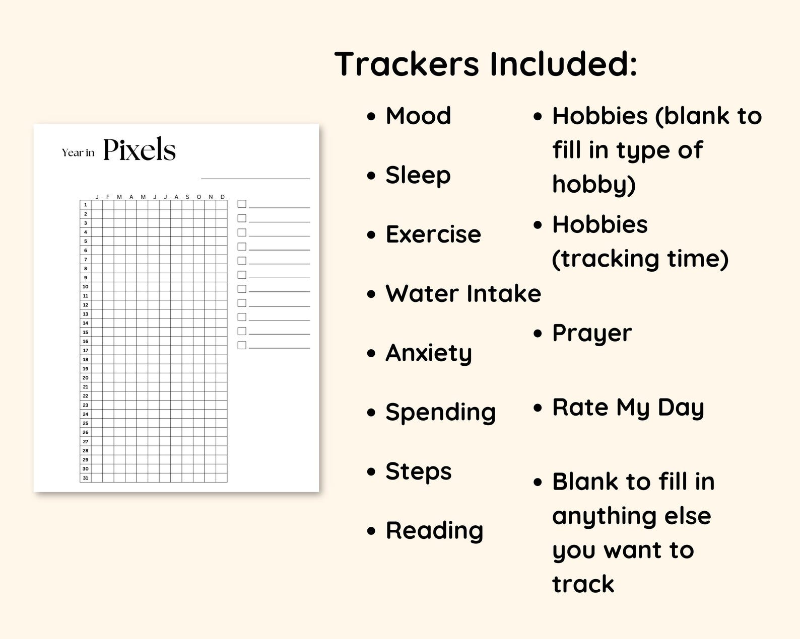 Year in Pixels Tracker at a Glance Mood Tracker Workout Tracker ...