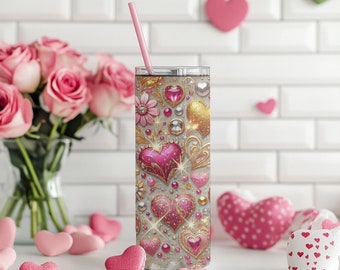 Seamless Valentine's Day Tumbler Wrap PNG | Glitter Hearts & Jewels Design | 20oz Skinny Sublimation Wrap | Digital Download 300 DPI