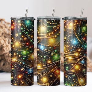 Festive Christmas Lights 20oz Tumbler Wrap - Sparkling Holiday Design with Colorful Strings of Lights - Digital Sublimation Download