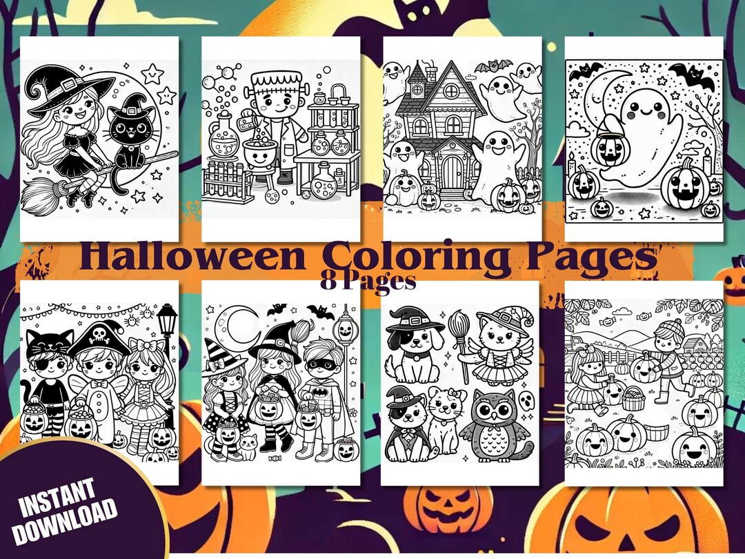 8 Halloween Coloring Pages for Kids Fun & Easy Printable Activity Set ...
