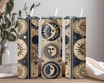 Celestial Tumbler Wrap PNG | Celestial Astrology Skinny Tumbler Sublimation Design | 20oz Digital Download | Sun and Moon Tumbler Wrap