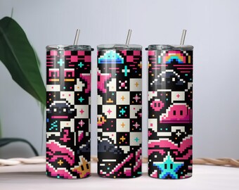 Envoltório de copo de jogo retrô Pixel Art | Design de sublimação skinny de 20 onças | Estética de videogame vintage com personagens pixelados brilhantes