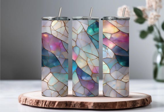 Iridescent Stained Glass Tumbler Wrap PNG – Seamless 20oz Skinny Tumbler, Aesthetic Tumbler Wrap, Glass Tumbler PNG, Stain Glass Pattern