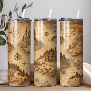 Fantasy Map Digitaler Becher | RPG Gamer Geschenk | 20 Unzen Skinny Tumbler Sublimationsentwurf | Vintage Landkarte Adventure Art für D&D/Fantasy Fans