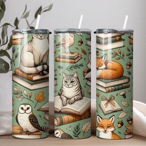 Whimsical Woodland Animal Tumbler Wrap | 20oz Skinny Tumbler PNG | Cute Cat, Fox, Owl & Books | Forest Animal Sublimination Design Tumbler