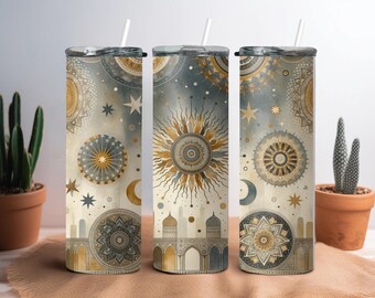Celestial Boho Mandala Tumbler Wrap | 20oz Skinny Sublimation Design | Sun, Moon, and Stars Digital Download PNG | Seamless Tumbler Wrap
