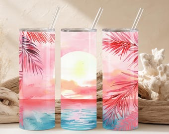 Pink Ocean Sunset Palm 20oz Tumbler Wrap PNG – Tropical Summer Sublimation Design with Palm Leaves - Summer Tumbler Wrap - Beach Tumbler PNG