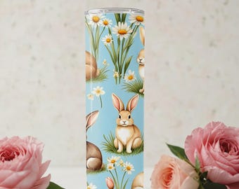 Bunny Tumbler Wrap PNG, 20oz Skinny Tumbler Sublimation, Cute Rabbit Tumbler Wrap, Spring Floral Tumbler Design, Seamless Bunny Sublimation