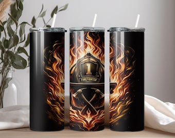 Flaming Firefighter Helmet Tumbler Wrap PNG – Courage Under Fire Digital Download – Sublimation Design for 20oz Tumblers - Firefighting PNG