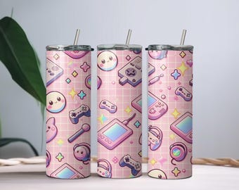 Kawaii Gamer Tumbler Wrap Design | Pastel Retro Gaming Aesthetic for 20oz Skinny Tumblers | Cute Sublimation PNG with Controllers, Consoles