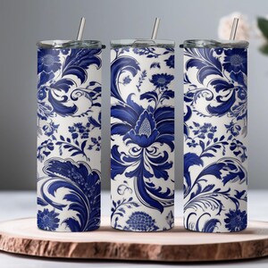 Vintage Blue & White Toile Tumbler Wrap PNG – 20oz Skinny Tumbler, Classic Ceramic Floral Sublimation Wrap, Antique French Tea Aesthetic
