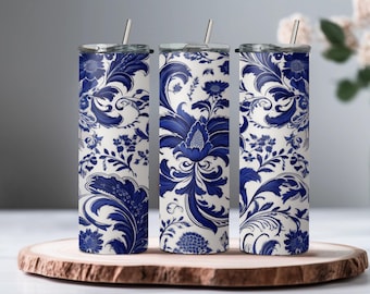 Vintage Blue & White Toile Tumbler Wrap PNG – Copo fino de 20 onças, envoltório de sublimação floral de cerâmica clássica, estética de chá francês antigo
