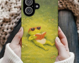 Reading Frog Phone Case | Cute Frog with Book & Sunglasses Cover | Whimsical Cottagecore Protective, iPhone, Samsung Galaxy. Google Pixel