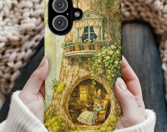 Woodland Tree Home, Whimsical Rabbit Phone Case | Storybook Cottagecore Bunny Reading Art Cover | iPhone, Samsung Galaxy, Google Pixel