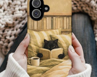 Black Cat Reading Phone Case | Cozy Bookish Cat in Bed Cover | Coffee Lover Aesthetic Protective Case, iPhone, Samsung Galaxy, Google Pixel