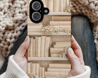 Vintage Bookshelf Phone Case | Cream Floral Library | Romantic Book Lover Aesthetic Protective Case, iPhone, Samsung Galaxy, Google Pixel