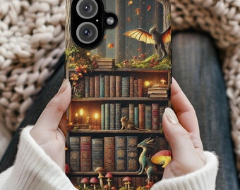 Fantasy Bookshelf Phone Case: Mystical Dragon Forest Design