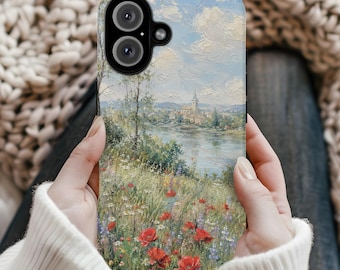 Red Poppy Meadow Phone Case | River Village Landscape Art Cover | Romantic Floral Nature Aesthetic | iPhone, Samsung Galaxy, Google Pixel
