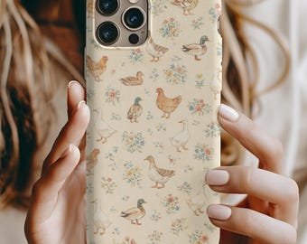 Vintage Farmhouse Bird Phone Case | Chicken Duck Goose Floral Toile Cover | Cottagecore Country Aesthetic, iPhone, Samsung Galaxy
