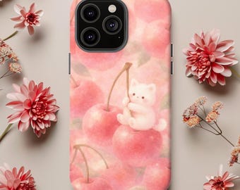 Cute Cherry Cat Phone Case | Kawaii Pink Kitten Fruit Aesthetic Cover | Sweet Pastel Protective Case, iPhone, Samsung Galaxy, Google Pixel