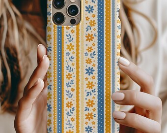 Retro Floral Stripe Phone Case | Mustard Blue Daisy Pattern Cover | Vintage Boho Protective Case, iPhone, Samsung Galaxy, Google Pixel