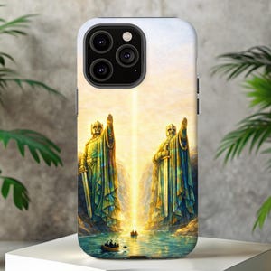 Custodia per telefono con statue di guardiani fantasy / Arte mitica epica del canyon fluviale / Avventura cinematografica, iPhone, Samsung Galaxy, Google Pixel
