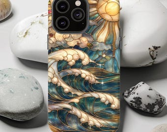 Stained Glass Wave Phone Case | Coastal Sun Ocean Art | Elegant Blue Sea Aesthetic Protective Case | iPhone, Samsung Galaxy, Google Pixel