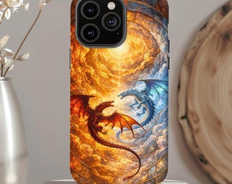 Fire and Ice Dragon Phone Case | Celestial Fantasy Art Cover | Red Blue Dragon Protective Case, iPhone, Samsung Galaxy, Google Pixel