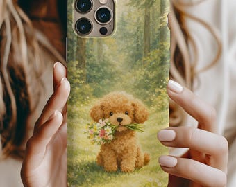 Cute Poodle Puppy Phone Case | Floral Dog Art Cover | Woodland Cottagecore Pet Lover Protective Case | iPhone, Samsung Galaxy, Google Pixel