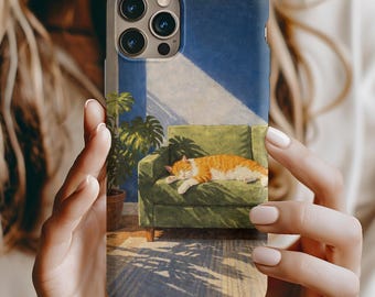 Cozy Sleeping Orange Cat Phone Case, Sunlit Sofa Art Cover | Blue Wall Cat Lover Aesthetic | iPhone, Samsung Galaxy, Google Pixel