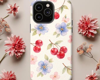 Cherry Floral Phone Case | Watercolor Fruit Blossom Pattern | Soft Feminine Botanical Protective Case, iPhone, Samsung Galaxy, Google Pixel