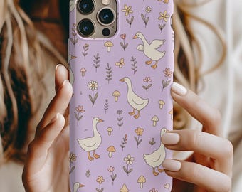 Cute Goose Pattern Phone Case | Lavender Floral, Mushroom Doodle | Kawaii Cottagecore iPhone, Samsung Galaxy, Google Pixel Cover
