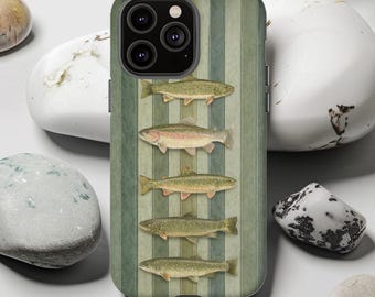 Vintage Fish Phone Case | Rustic Lake Trout Stripe Pattern Cover | Cabin Lodge Fishing Aesthetic, iPhone, Samsung Galaxy, Google Pixel