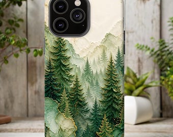 Misty Pine Forest Phone Case | Green Mountain Woodland Art Cover | Nature Lover Evergreen, iPhone, Samsung Galaxy, Google Pixel