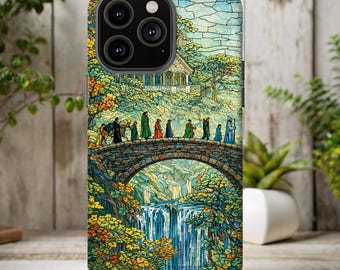 Stained Glass Fantasy Fellowship Bridge Phone Case | Waterfall Valley Adventurers | Art Nouveau iPhone, Samsung Galaxy, Google Pixel Cover